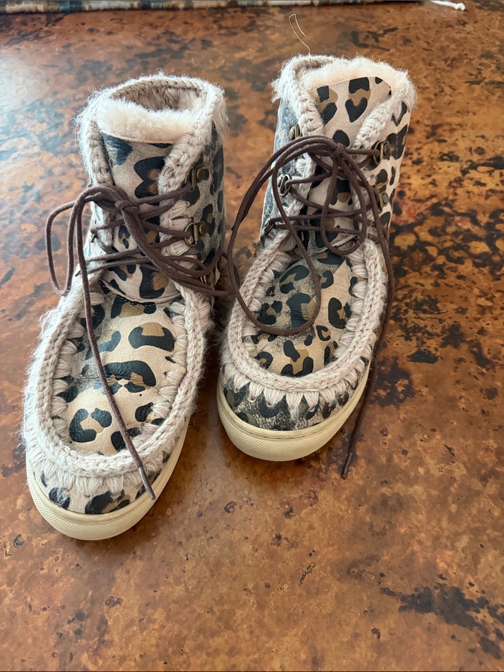 Mou Leopard Print Lace-Up Ankle Boots in Beige and Brown
